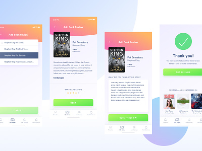 Book App UI WIP 2 add rating app book overview book review book suggestions colorful experiment exploring gradients happy colors next steps search search results select thank you ui warm colors