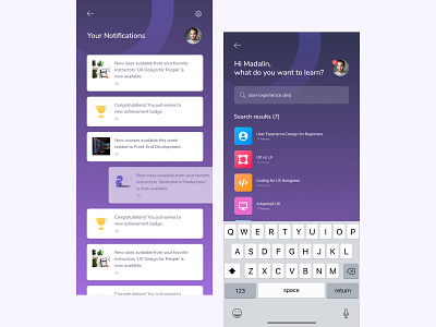 Courzee: App for Taking Online Courses - [8][9] app screens app ui app ux course search ios app design lessons search results mobile app design notification screen search results screen