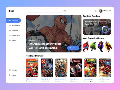 Comic Books Library 🕸 cards clean comic comicbooks dashboard figma library light theme literature marvel minimal reader app spiderman superheroes ui ux