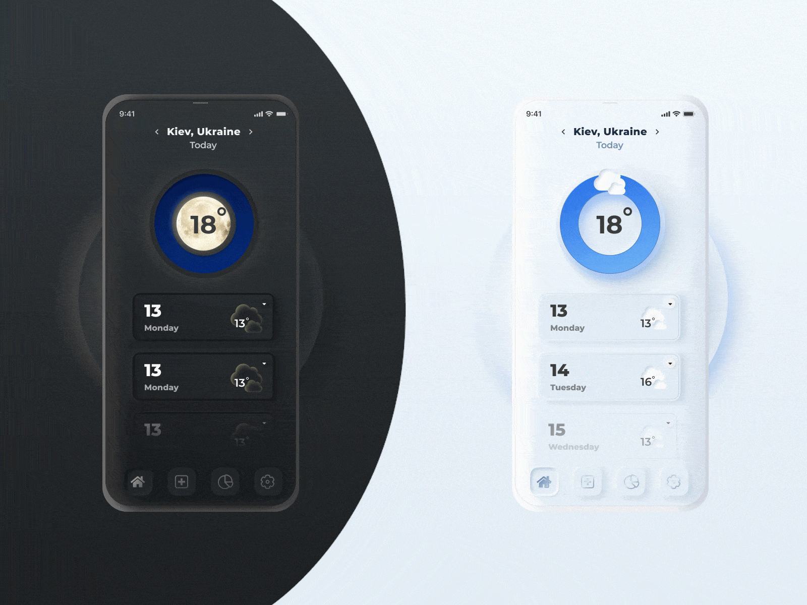 UI/UX Weather App. NEWO animation dark theme gif ios light theme mobileapp mobiledesign neumorphism soft ui uiux uiuxdesign weather weatherapp