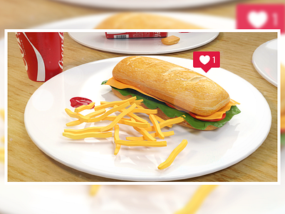 Sub Sandwich : 3D food visualization 3d bread 3d modeling 3d render 3d visualization design frenchfries
