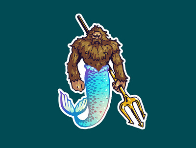 MerSquatch bigfoot holographic illustration mascot mermaid merman sasquatch sticker stickermule trident