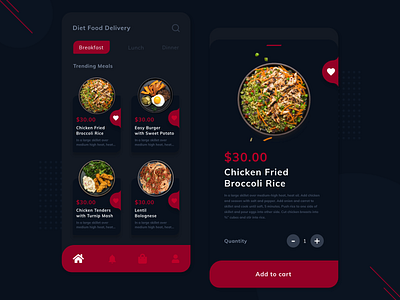 Diet Meal Mobile App (Dark Theme) app app design app ui application application design application ui motion design motiongraphics ui uidesign ux