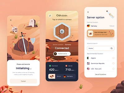 VPN Odyssey Mobile App ✨ archer clean connection custom illustration germany illustration location mobile app odin odyssey orange proxy scenery server shield skull uiux unspace viking vpn