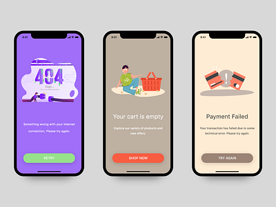 Error Screens Set - 1 app design empty empty cart error 404 error screen failed flat illustration internet ios payment failed ui vector visual design