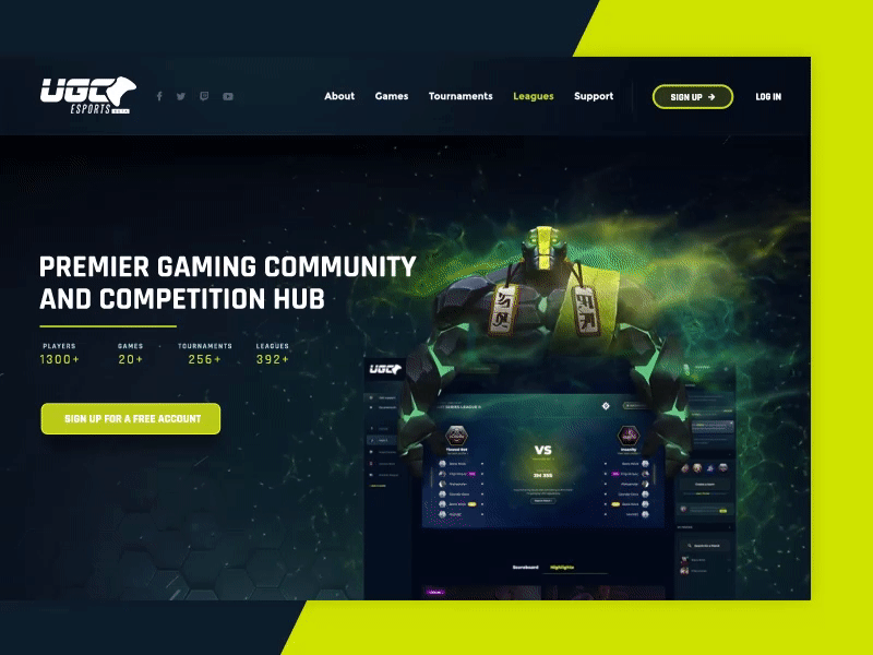 UGC eSports Landing page Animation aftereffects animtion dota esports game gaming landing page login matchmaking navigation social team ui ui ux uiux video game website