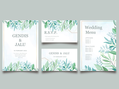 Floral wedding card invitation template set with menu