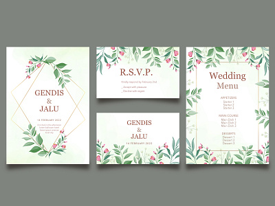 Floral wedding card invitation template set with menu background border card celebration decoration decorative design elegant floral flower frame greeting illustration invitation menu set template vector vintage wedding