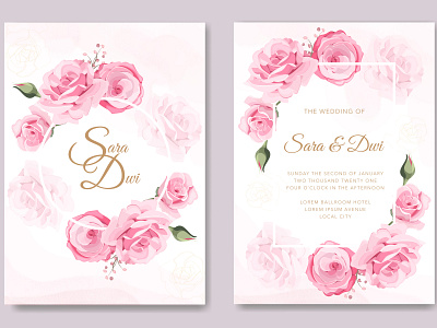 Wedding card with pink roses card decoration design elegant floral frame greeting invitation vector wedding