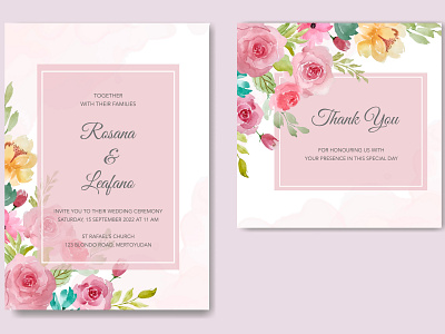 wedding invitation with floral watercolor template graphic