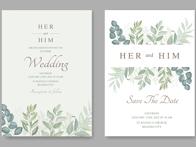 Wedding card template with leaves watercolor vintage