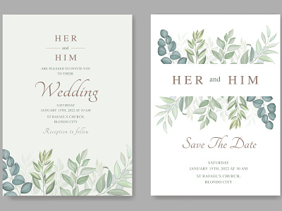 Wedding card template with leaves watercolor