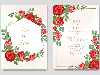 Wedding card template with red roses vector