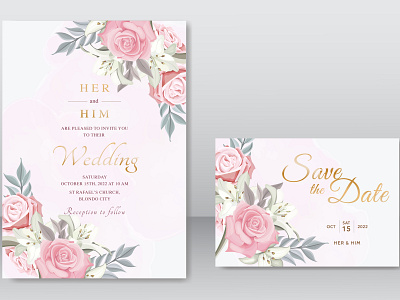 Beautiful wedding invitation with pink floral template