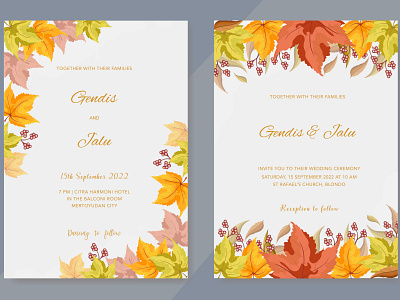 wedding invitation with beautiful autumn leaves beautiful bouquet card decoration decorative design elegant floral frame greenery illustration invitation invite leaf plant romantic save the date vector watercolor wedding