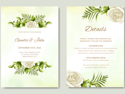 Wedding invitation with white rose floral watercolor template background bouquet branch card design elegant floral frame green illustration invitation invite leaf rose spring summer template vector watercolor wedding