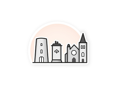 Small town illustration/icons church colors esch illustration mills subtle town waterpump windmill without