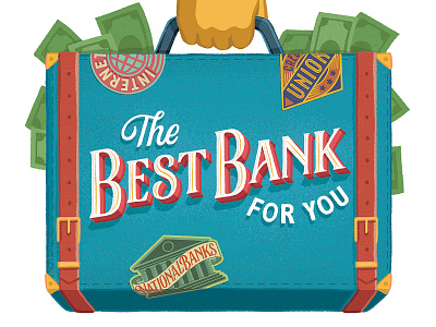 The Best Bank For You bank editorial illustration kiplinger lettering money portugal sticker suitcase travel sticker