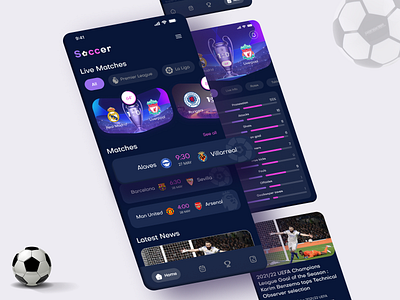 Soccer News and Live Score App - Dark Mode app dark mode champions champions league championsleague creative cup dark mode la liga league live score liverpool premier league real madrid soccer sport sports app ui design