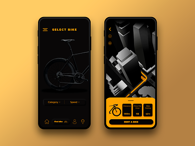 Bike rent app {dark theme} app appdesign appui appux bike bikerent clean dark app dark mode darktheme design mobile ui uiux ux