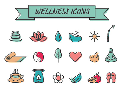 Collection of wellbeing / meditation icons bright colourful cute graphics icons illustration illustration design meditation nature nature illustration outline outline icon simple symbols vector wellbeing wellness