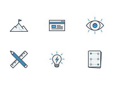 Final case study icon set bulb eye flat icon illustration mountain outline pencil plan ruler steps webpage