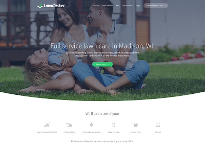 LawnTasker landing page how it works icons landing page lawn picture background process web design