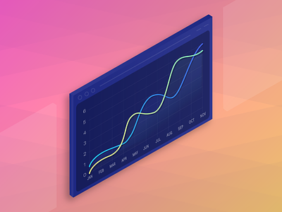 Curved line graph on isometric display 3d curves data display gradient graph isometric line graph progress