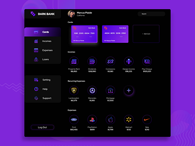 Dark Theme Banking Software Dashboard app design banking app dark mode dark ui design figma first design interface design product design software design ui design ux design