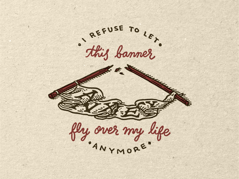 Exhausted anxiety flag banner thick line linework ink illustration handdrawn handwritten typography grunge engraving distressed design