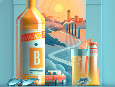 Tandem 3d bottle car cinema4d cocktail drink hill illustration italy landscape poster render sunset