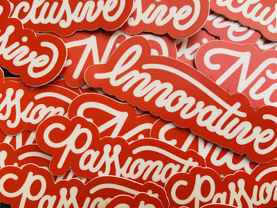 More Value Stickers! brand company custom type decals design goodtype handlettering identity inclusive innovative lettering nice passionate red script stickers typism values white