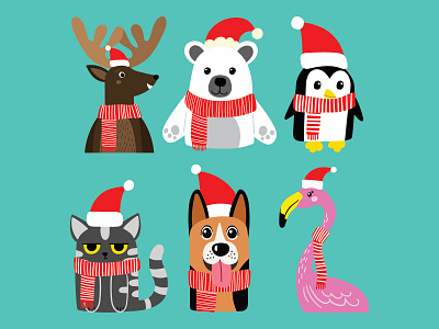 Christmas animals animals christmas christmas animals christmas cat christmas dog christmas flamingo christmas reindeer illustration polar bear santa hat vector