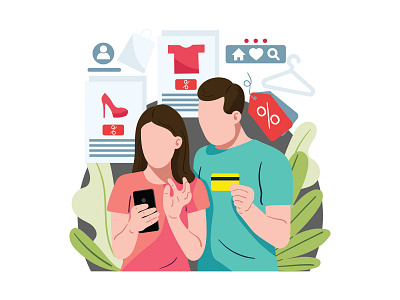 Mobile online shopping man and woman customers flat illustration illustration mobile online shopping vector