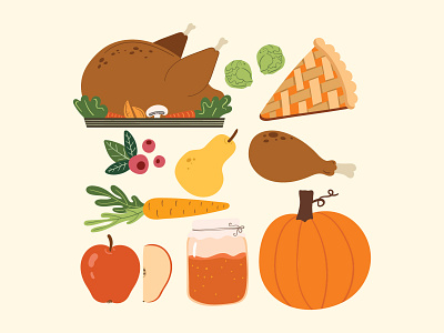 Thanksgiving food collection autumn fall flat illustration fruit illustration jam rost turkey thanksgiving thanksgiving food collection vector vegetables