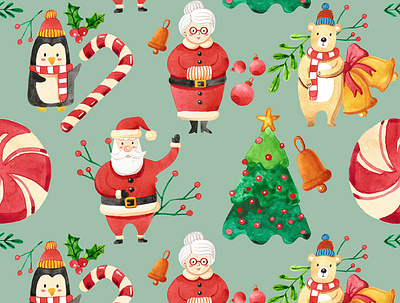 Watercolor Christmas pattern candy cane candy cane pattern candy pattern christmas christmas bells christmas pattern christmas penguin christmas tree christmas tree pattern green pattern pattern polar bear santa hat santa pattern watercolor watercolor christmas pattern watercolor pattern watercolor penguin