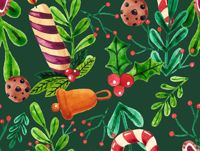 Watercolor Christmas pattern with plants christmas christmas bells christmas candle christmas cookies christmas cookies pattern christmas illustration christmas pattern cookies pattern green pattern illustration mistletoe pattern photoshop watercolor watercolor christmas pattern watercolor pattern