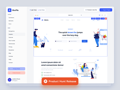 Shuffle.dev - Editor Release on Product Hunt bootstrap bulma development editor front end landing material ui site tailwind tech template ux uxui website