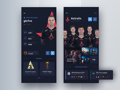 Player and team profile - Astralis astralis csgo esport gla1ve mobile team ui ui ux ui ux design