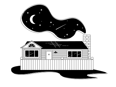 Night House Illustration blackandwhite contrast graphic design house illustration illustrator lineart moon negative space night sky space stars