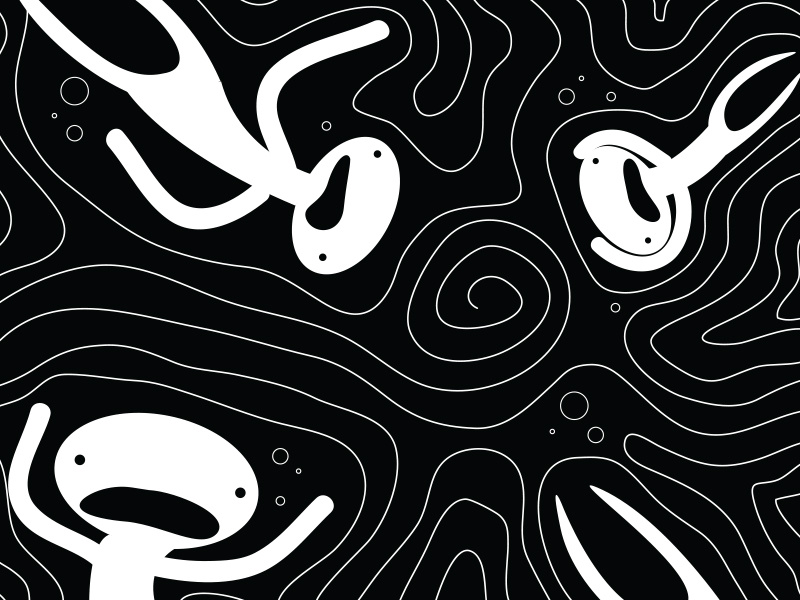 Drowning surreal bubbles spiral pattern black and white dream water drowning character