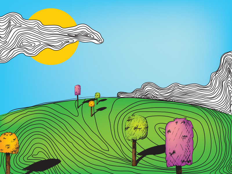 Dreamland lines sun clouds trees contour lines colorful dream