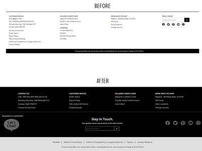 Footer Redesign Before/After ecommerce email sign up footer footer design retail social icons ui web design webdesign