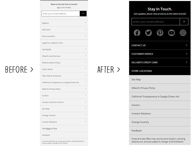 Mobile Footer Redesign mockup email social icons footer retail ecommerce mobile footer design