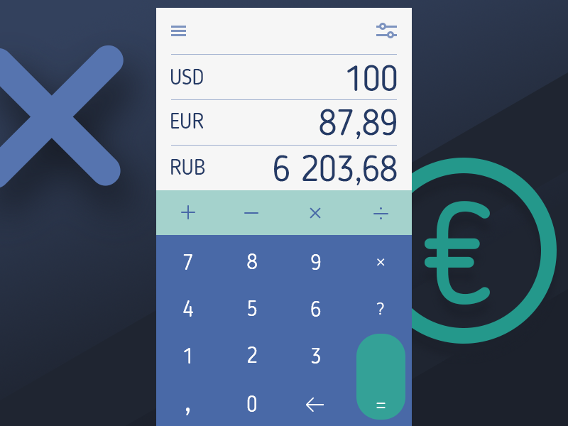Daily UI #004: Calculator dailyui ruble dollar euro converter currency calculator app
