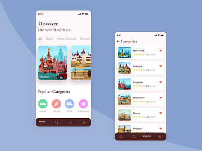 Home and Favourites Page adobexd android clean clean ui design designer designers graphicdesigner ios mobile ui travel travel app home travel app ui ui uidesigner uiux uxdesigner xd