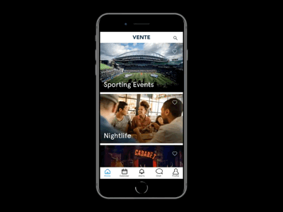 Vente: Event App categories directory events groups home screen interests local tickets