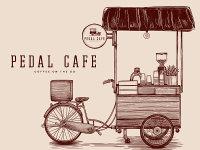 Pedal Cafe - Coffee on a Bike Illustration brand branding branding and identity coffee coffee shop detailed etching hand drawn illustration logo procreate vintage badge vintage logo visual identity