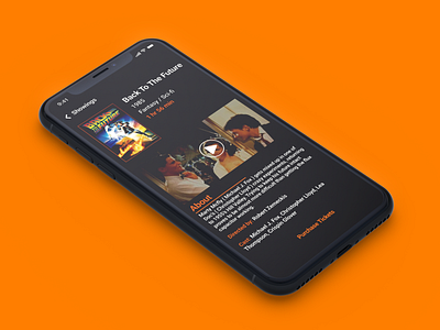 Movie Tickets Mobile IOS App Design app dark dark mode dark theme ios mobile movie orange perspective showtimes simple theatre tickets ui ux