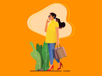 Lady Shopper flat design illustration lady orange red heels shopping vector walking yellow